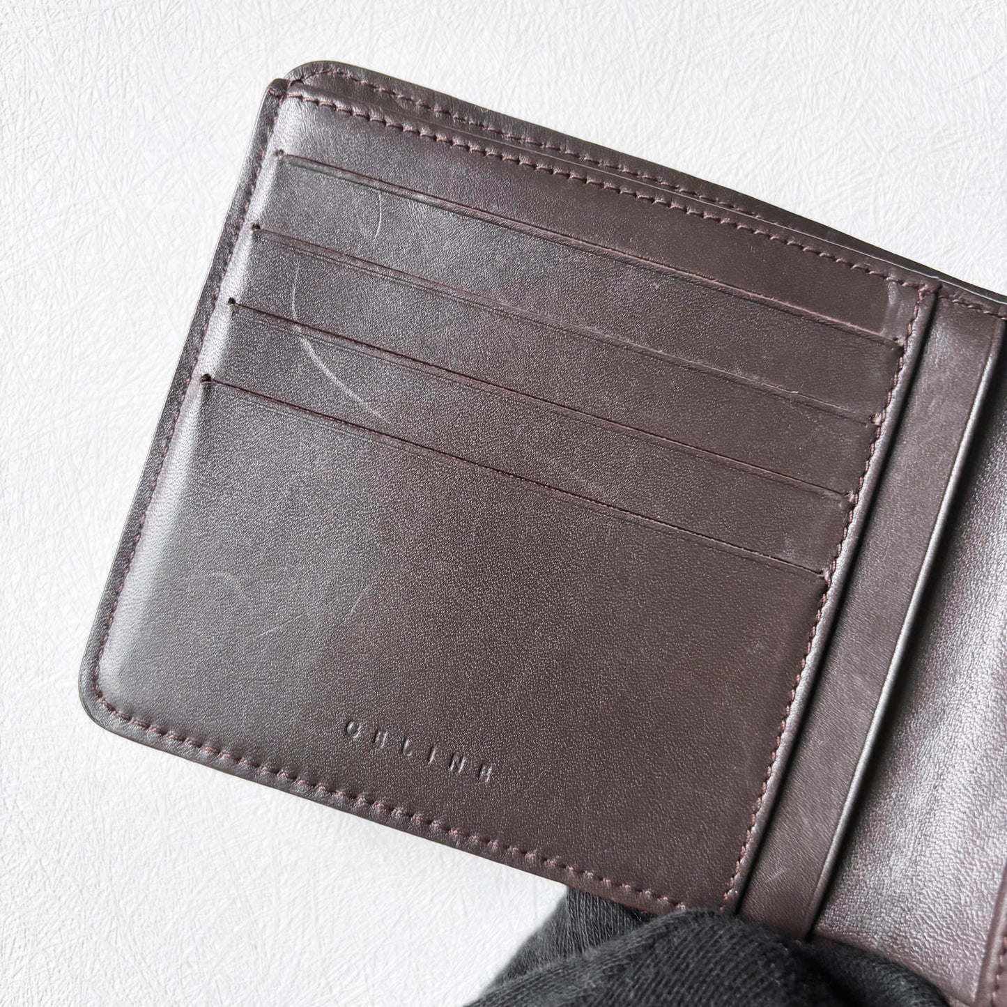 Vintage Celine 深棕色提花織布皮邊皮夾 - Folklore