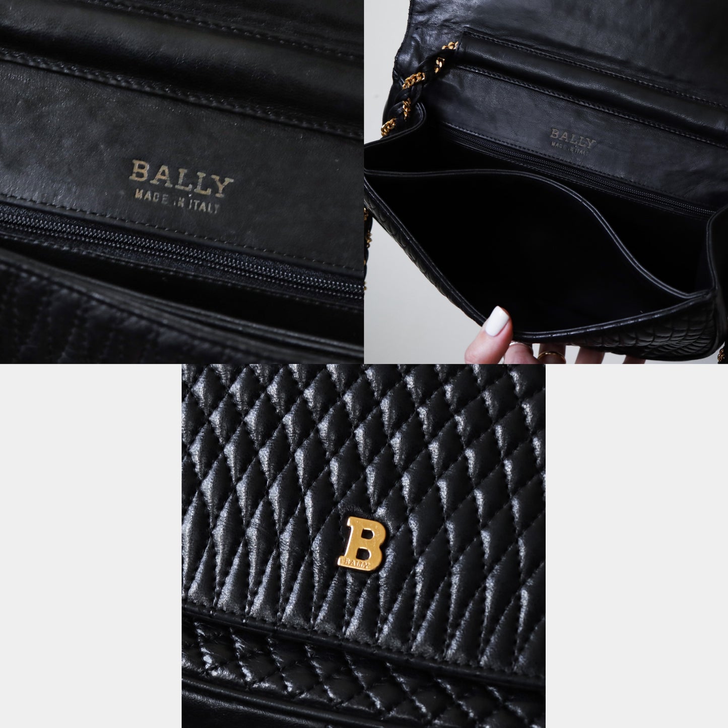 Vintage Bally 黑色小羊皮絎縫金鍊翻蓋側背包 - Folklore